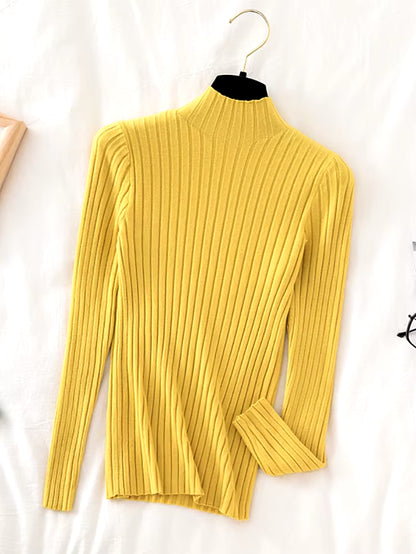 Pullover Ribbed Knitted Sweater Autumn Winter Clothes Women 2023 High Neck Long Sleeve Slim Basic Woman Sweaters Tops