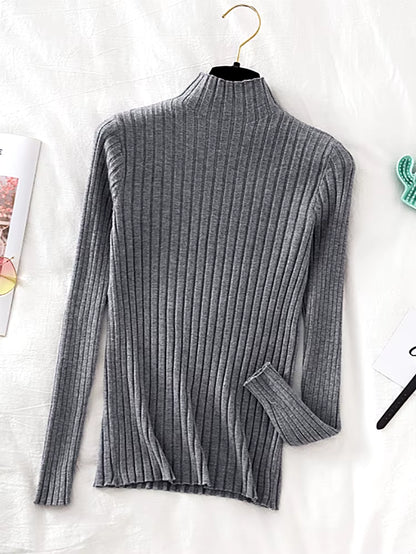 Pullover Ribbed Knitted Sweater Autumn Winter Clothes Women 2023 High Neck Long Sleeve Slim Basic Woman Sweaters Tops