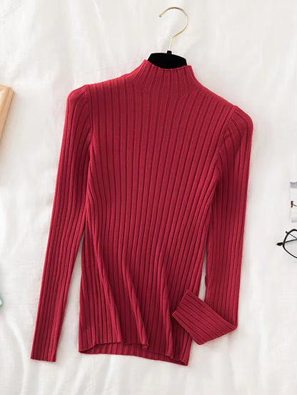 Pullover Ribbed Knitted Sweater Autumn Winter Clothes Women 2023 High Neck Long Sleeve Slim Basic Woman Sweaters Tops