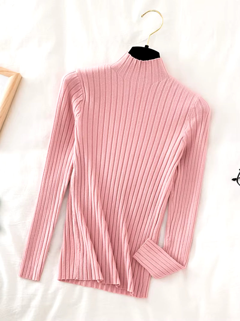 Pullover Ribbed Knitted Sweater Autumn Winter Clothes Women 2023 High Neck Long Sleeve Slim Basic Woman Sweaters Tops