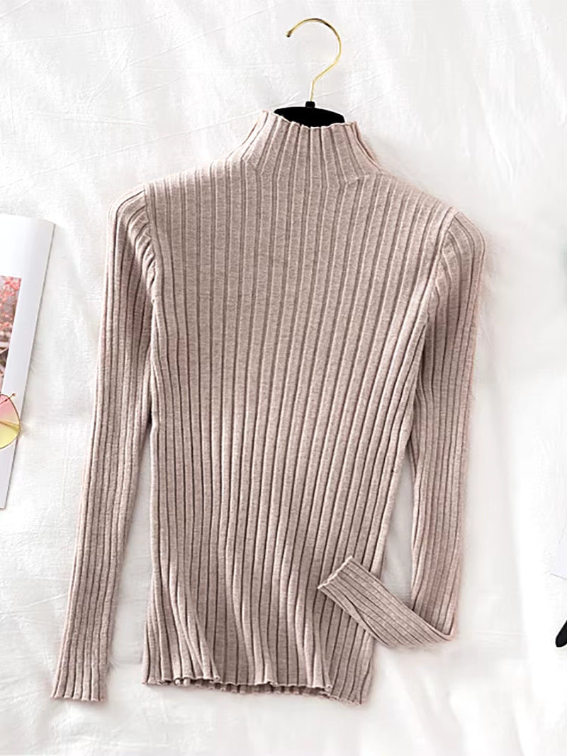 Pullover Ribbed Knitted Sweater Autumn Winter Clothes Women 2023 High Neck Long Sleeve Slim Basic Woman Sweaters Tops